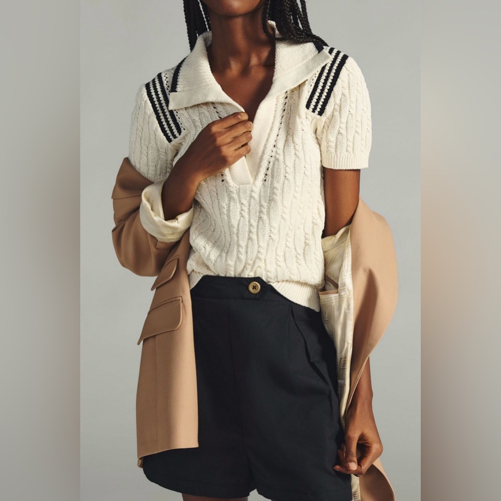 Anthropologie Maeve Cable-Knit Polo Cotton Linen Sweater, Ivory w Black Trim, 2X